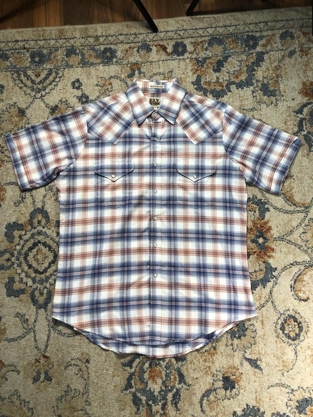 Ely Cattleman Shirt Mens XL Blue Plaid Short Sleeve Western Pearl Snap Pockets